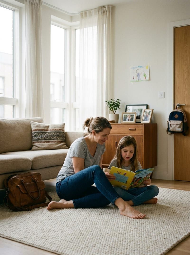 Une mère et sa fille lisent un livre ensemble sur le tapis du salon, à côté du sac de travail posé au sol — un moment en famille retrouvé chez un particulier à Toulouse-Ouest grâce au ménage à domicile niiickel