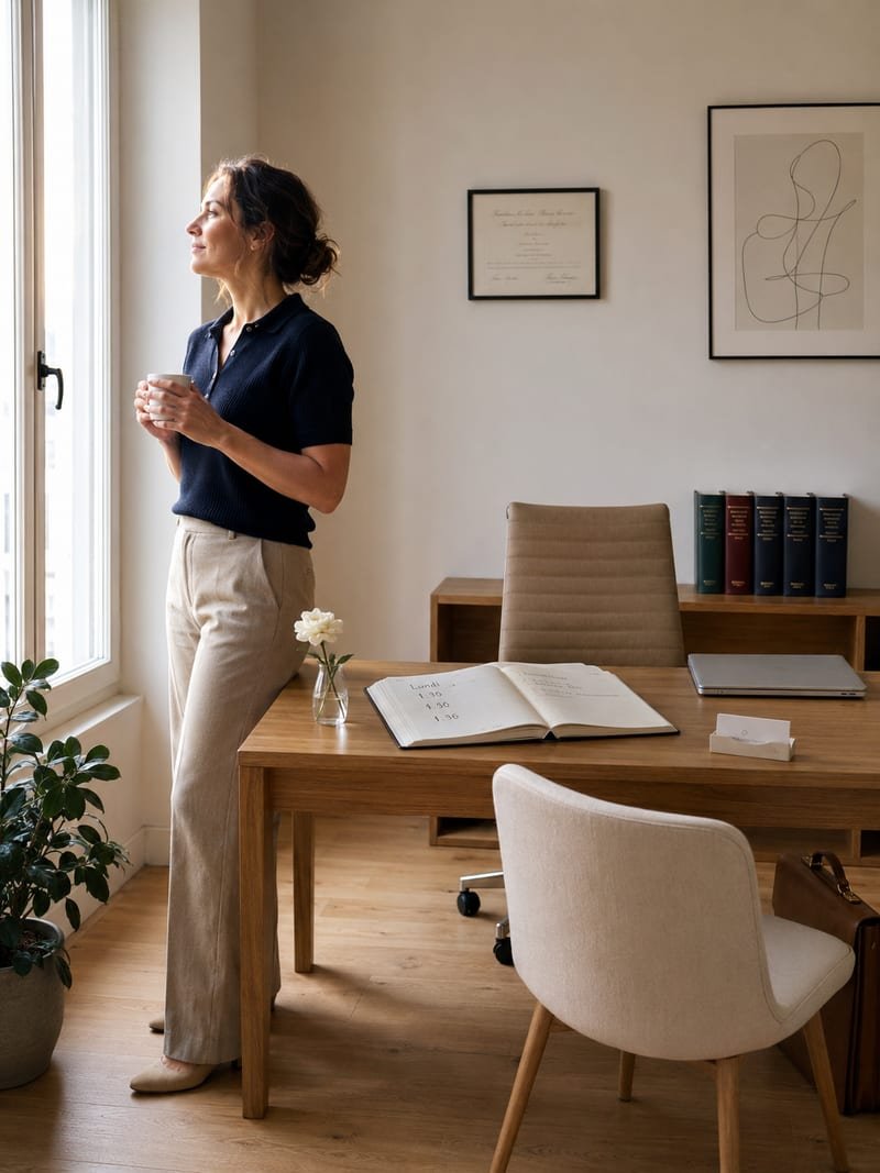 Entrepreneure prenant son café dans son cabinet professionnel impeccable à Toulouse-Ouest avant son premier rendez-vous — locaux entretenus par niiickel